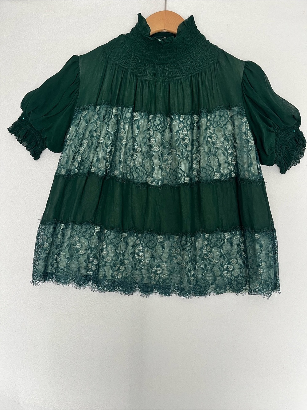 Anthropologie Dark Green Lace Smocked Mock Neck Tiered Short Sleeve Blouse Boho